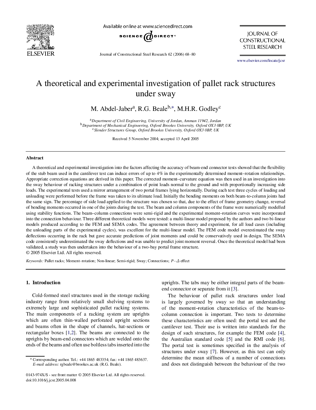 A theoretical and experimental investigation of pallet rack structures under sway