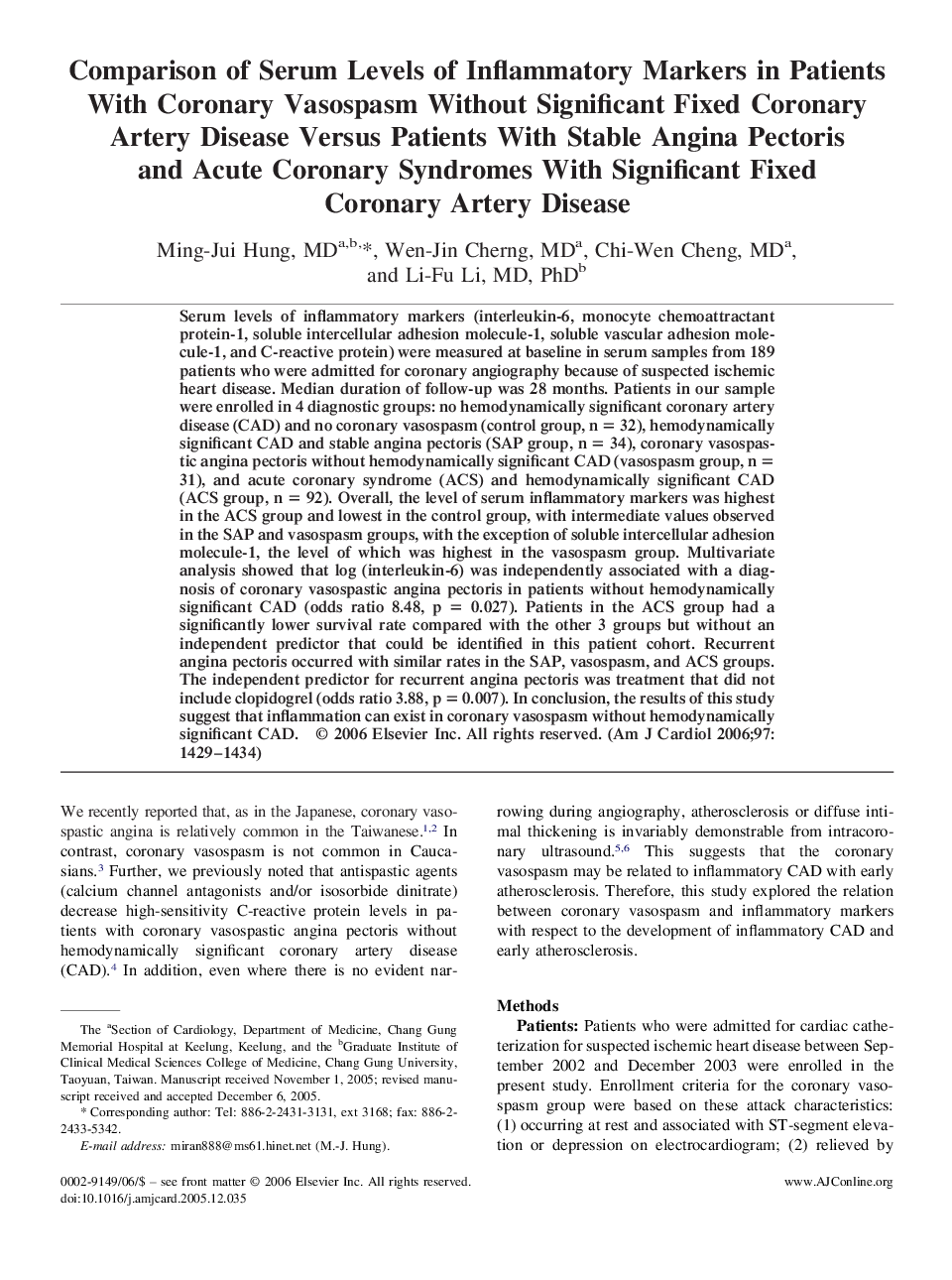 Comparison of Serum Levels of Inflammatory Markers in Patients With Coronary Vasospasm Without Significant Fixed Coronary Artery Disease Versus Patients With Stable Angina Pectoris and Acute Coronary Syndromes With Significant Fixed Coronary Artery Diseas