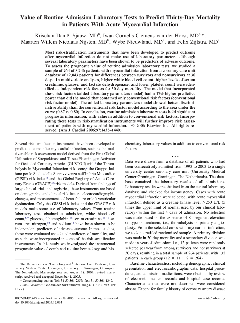 Value of Routine Admission Laboratory Tests to Predict Thirty-Day Mortality in Patients With Acute Myocardial Infarction