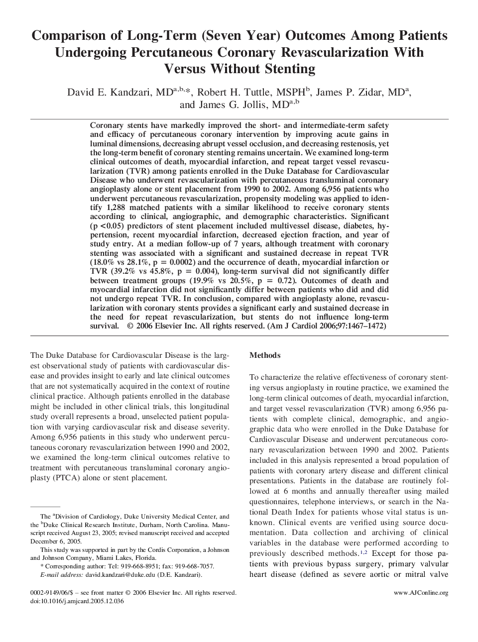 عکس صفحه اول مقاله: Comparison of Long-Term (Seven Year) Outcomes Among Patients Undergoing Percutaneous Coronary Revascularization With Versus Without Stenting Comparison of Long-Term (Seven Year) Outcomes Among Patients Undergoing Percutaneous Coronary Revascularization With Versus Without Stenting
