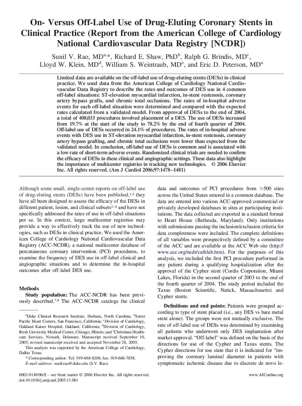 On- Versus Off-Label Use of Drug-Eluting Coronary Stents in Clinical Practice (Report from the American College of Cardiology National Cardiovascular Data Registry [NCDR]) 
