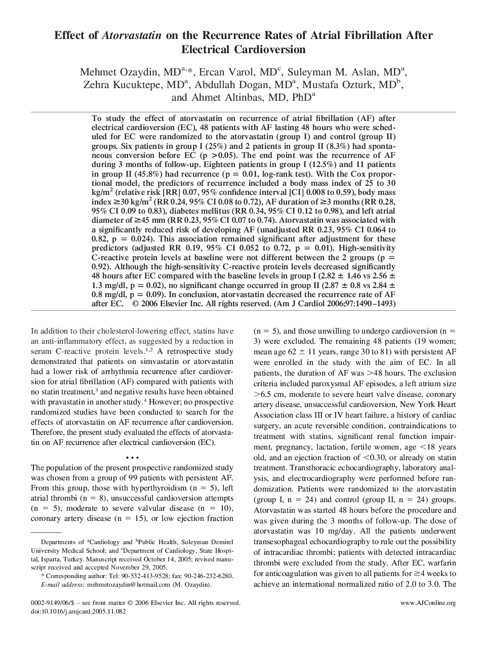 عکس صفحه اول مقاله: Effect of Atorvastatin on the Recurrence Rates of Atrial Fibrillation After Electrical Cardioversion Effect of Atorvastatin on the Recurrence Rates of Atrial Fibrillation After Electrical Cardioversion