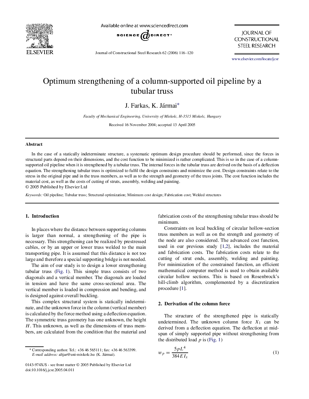 Optimum strengthening of a column-supported oil pipeline by a tubular truss