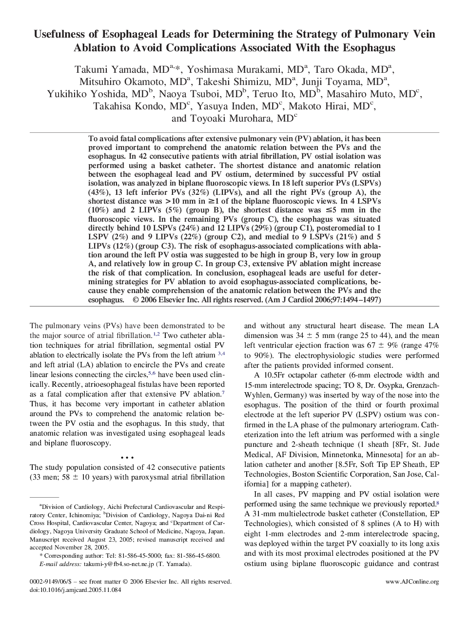 عکس صفحه اول مقاله: Usefulness of Esophageal Leads for Determining the Strategy of Pulmonary Vein Ablation to Avoid Complications Associated With the Esophagus Usefulness of Esophageal Leads for Determining the Strategy of Pulmonary Vein Ablation to Avoid Complications Associated With the Esophagus
