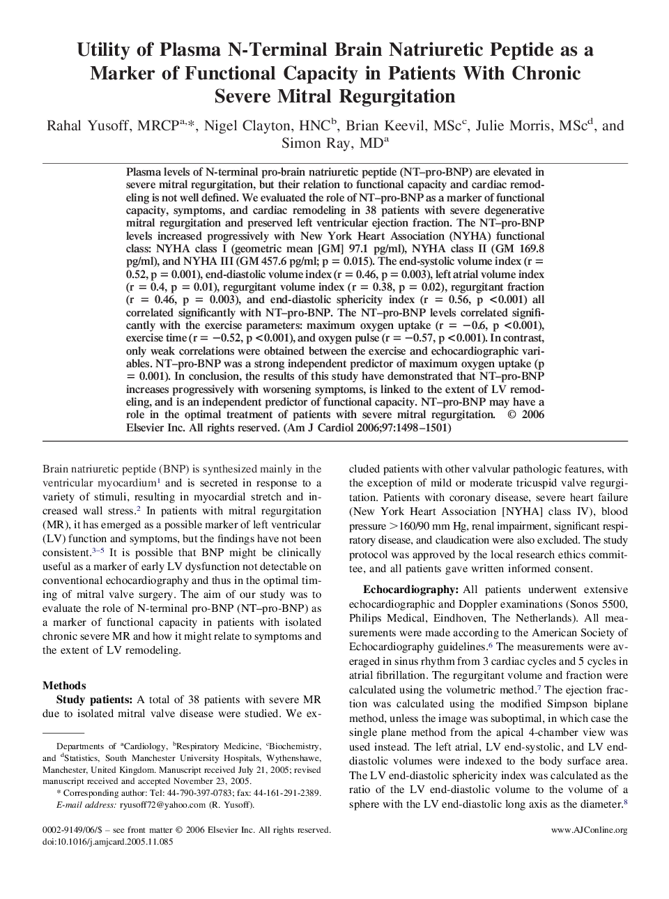 عکس صفحه اول مقاله: Utility of Plasma N-Terminal Brain Natriuretic Peptide as a Marker of Functional Capacity in Patients With Chronic Severe Mitral Regurgitation Utility of Plasma N-Terminal Brain Natriuretic Peptide as a Marker of Functional Capacity in Patients With Chronic Severe Mitral Regurgitation