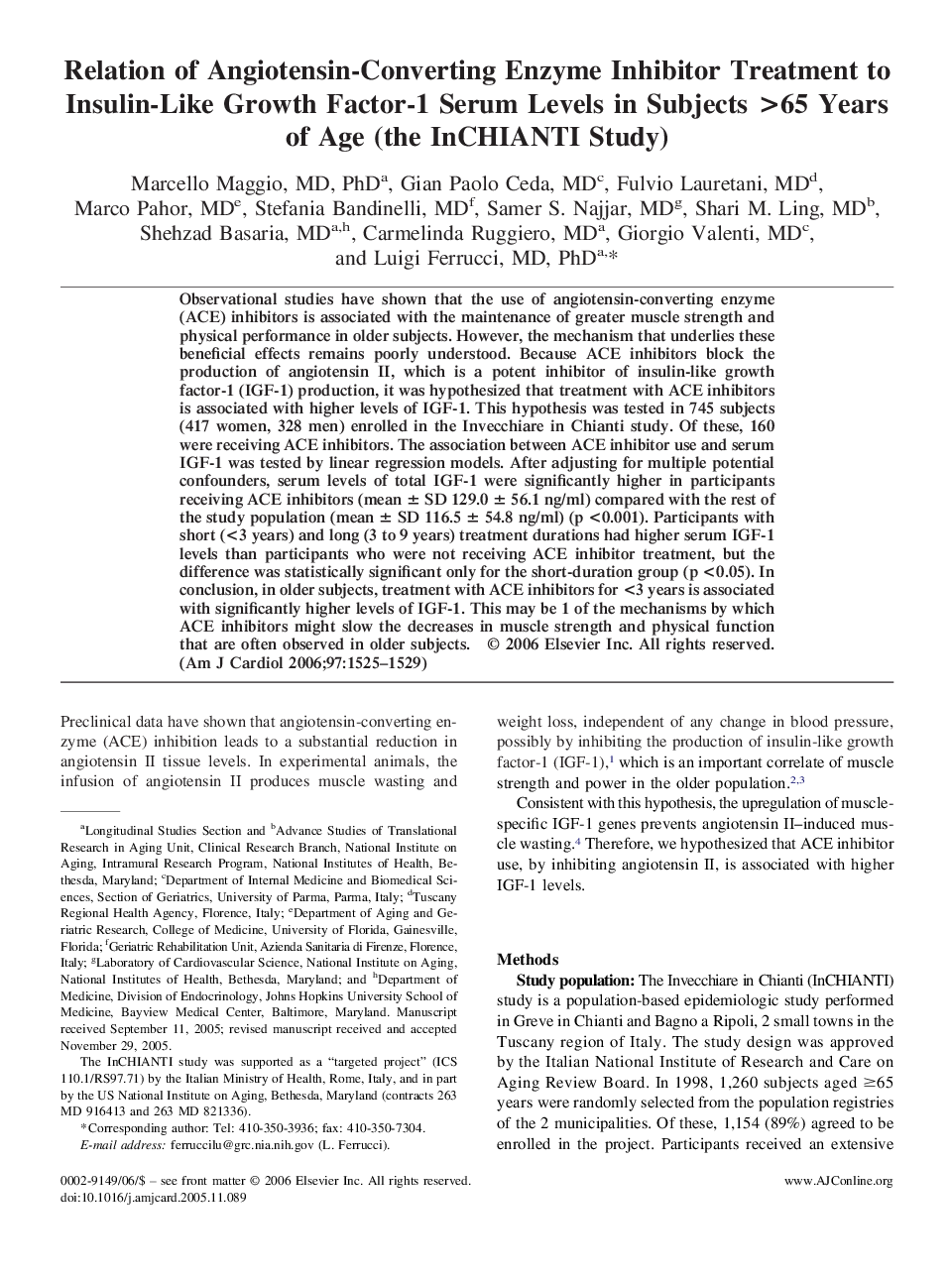 عکس صفحه اول مقاله: Relation of Angiotensin-Converting Enzyme Inhibitor Treatment to Insulin-Like Growth Factor-1 Serum Levels in Subjects >65 Years of Age (the InCHIANTI Study) Relation of Angiotensin-Converting Enzyme Inhibitor Treatment to Insulin-Like Growth Factor-1 Serum Levels in Subjects >65 Years of Age (the InCHIANTI Study)
