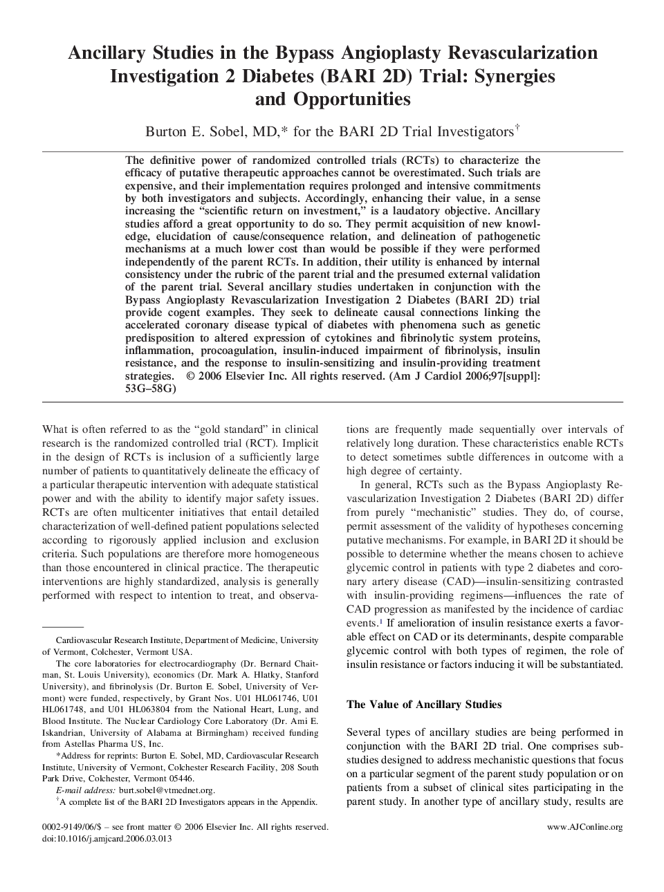 Ancillary Studies in the Bypass Angioplasty Revascularization Investigation 2 Diabetes (BARI 2D) Trial: Synergies and Opportunities 