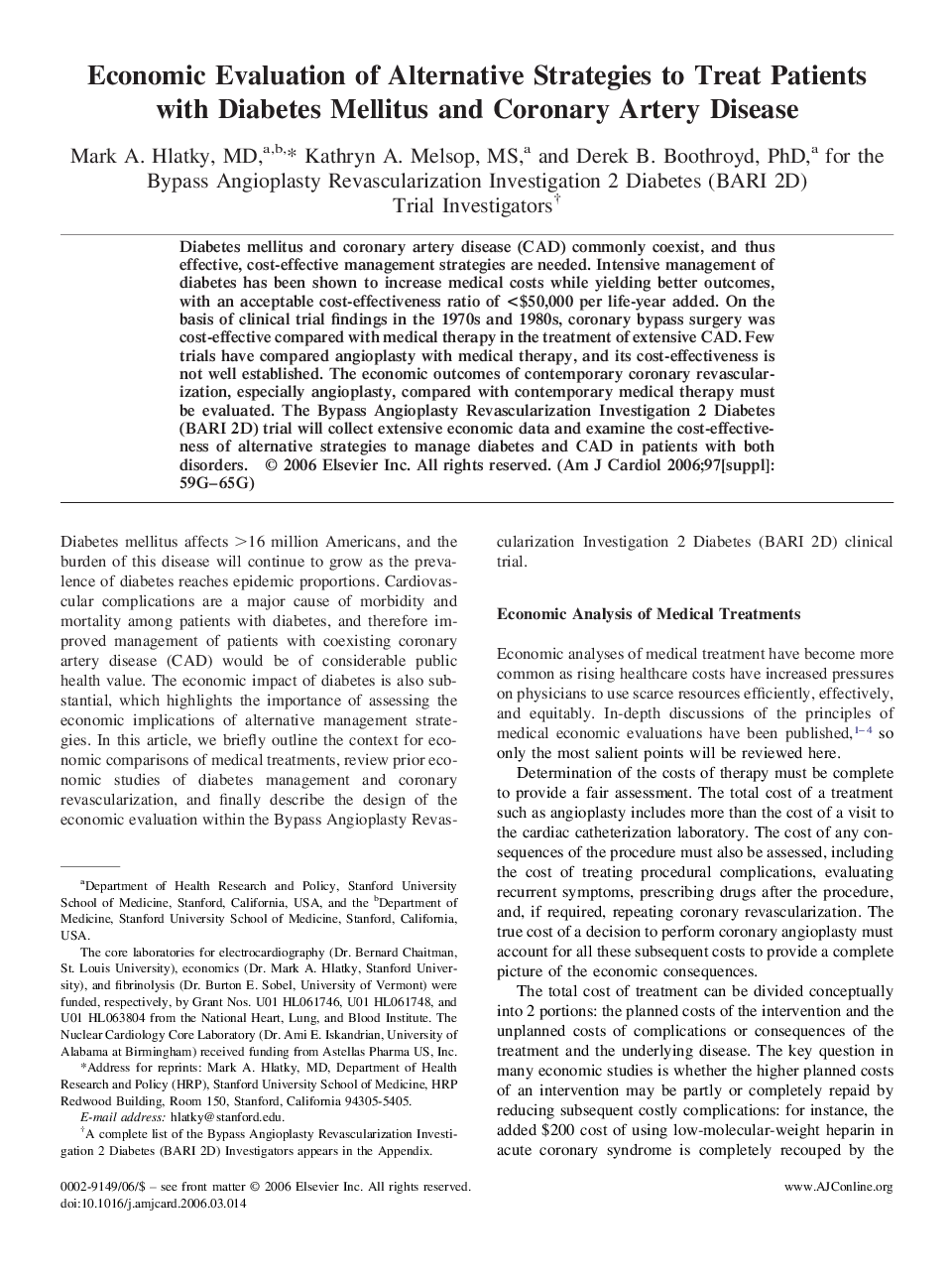 Economic Evaluation of Alternative Strategies to Treat Patients with Diabetes Mellitus and Coronary Artery Disease 