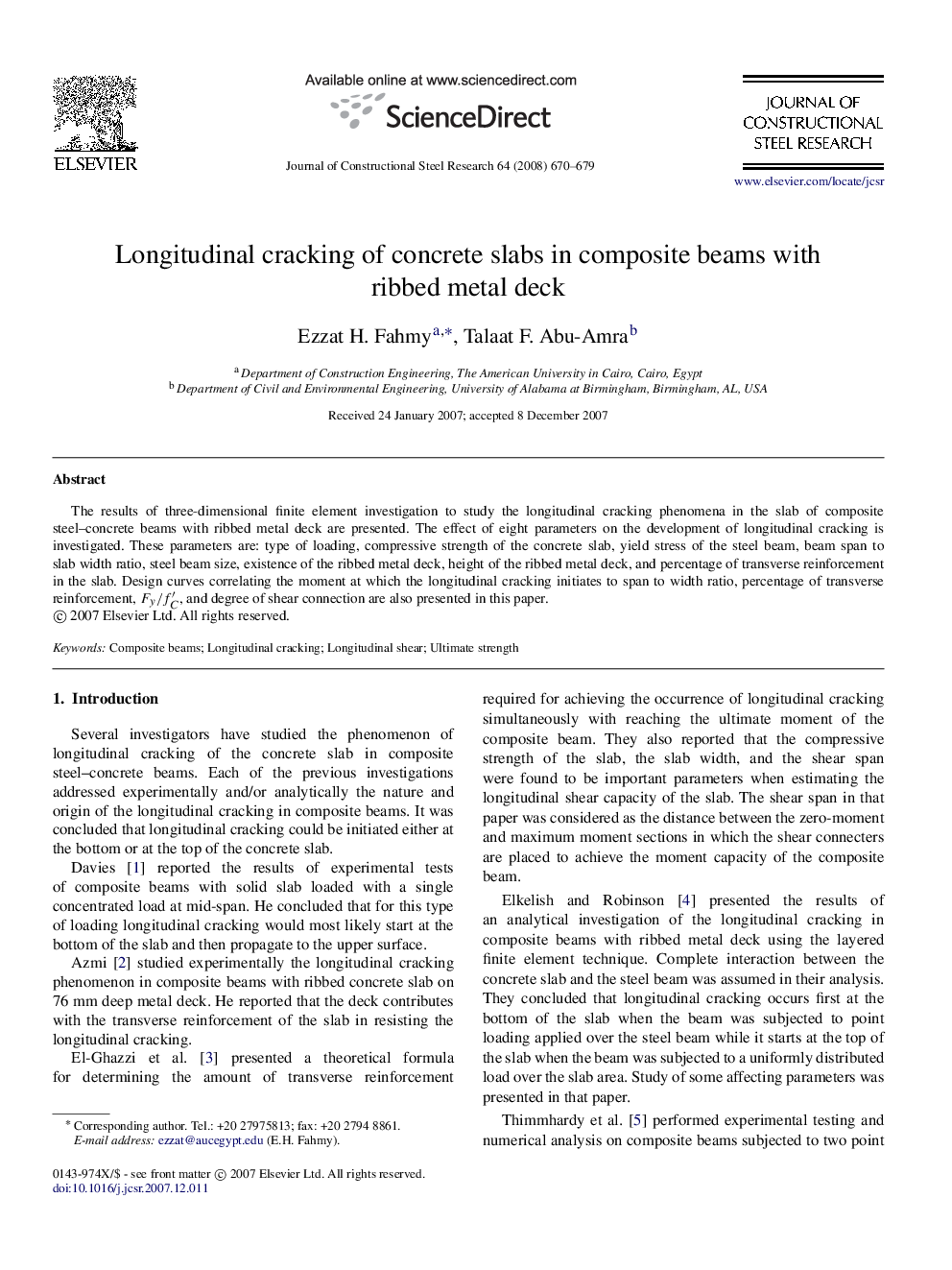 Longitudinal cracking of concrete slabs in composite beams with ribbed metal deck