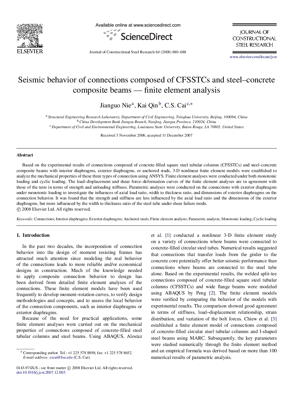 Seismic behavior of connections composed of CFSSTCs and steel–concrete composite beams — finite element analysis