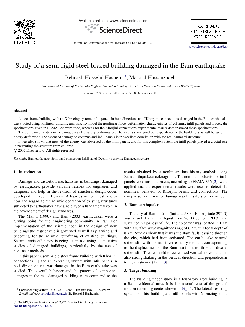 Study of a semi-rigid steel braced building damaged in the Bam earthquake