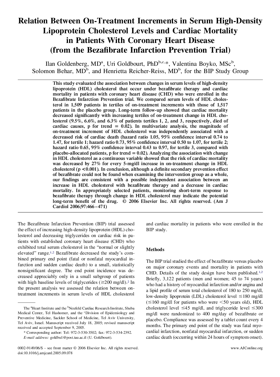 عکس صفحه اول مقاله: Relation Between On-Treatment Increments in Serum High-Density Lipoprotein Cholesterol Levels and Cardiac Mortality in Patients With Coronary Heart Disease (from the Bezafibrate Infarction Prevention Trial) Relation Between On-Treatment Increments in Serum High-Density Lipoprotein Cholesterol Levels and Cardiac Mortality in Patients With Coronary Heart Disease (from the Bezafibrate Infarction Prevention Trial)