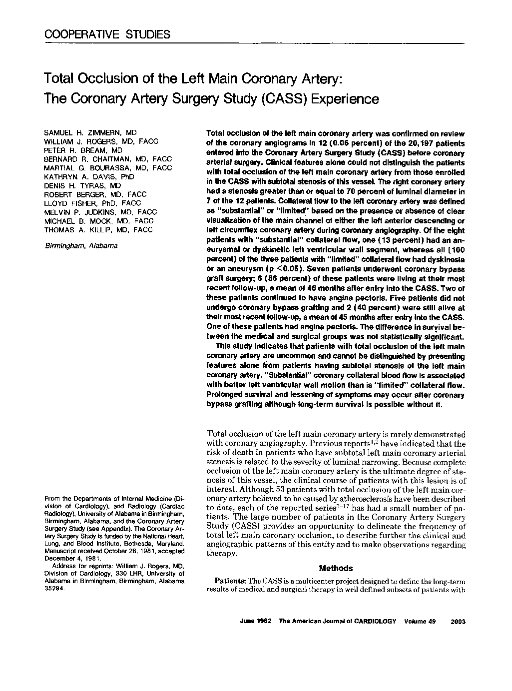 Total occlusion of the left main coronary artery: The Coronary Artery Surgery Study (CASS) experience