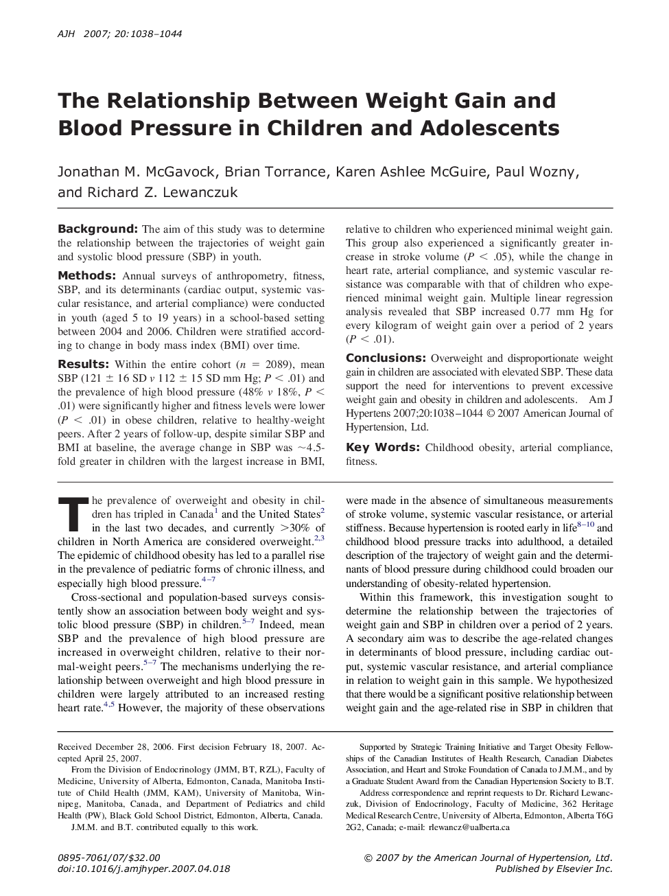 The Relationship Between Weight Gain and Blood Pressure in Children and Adolescents