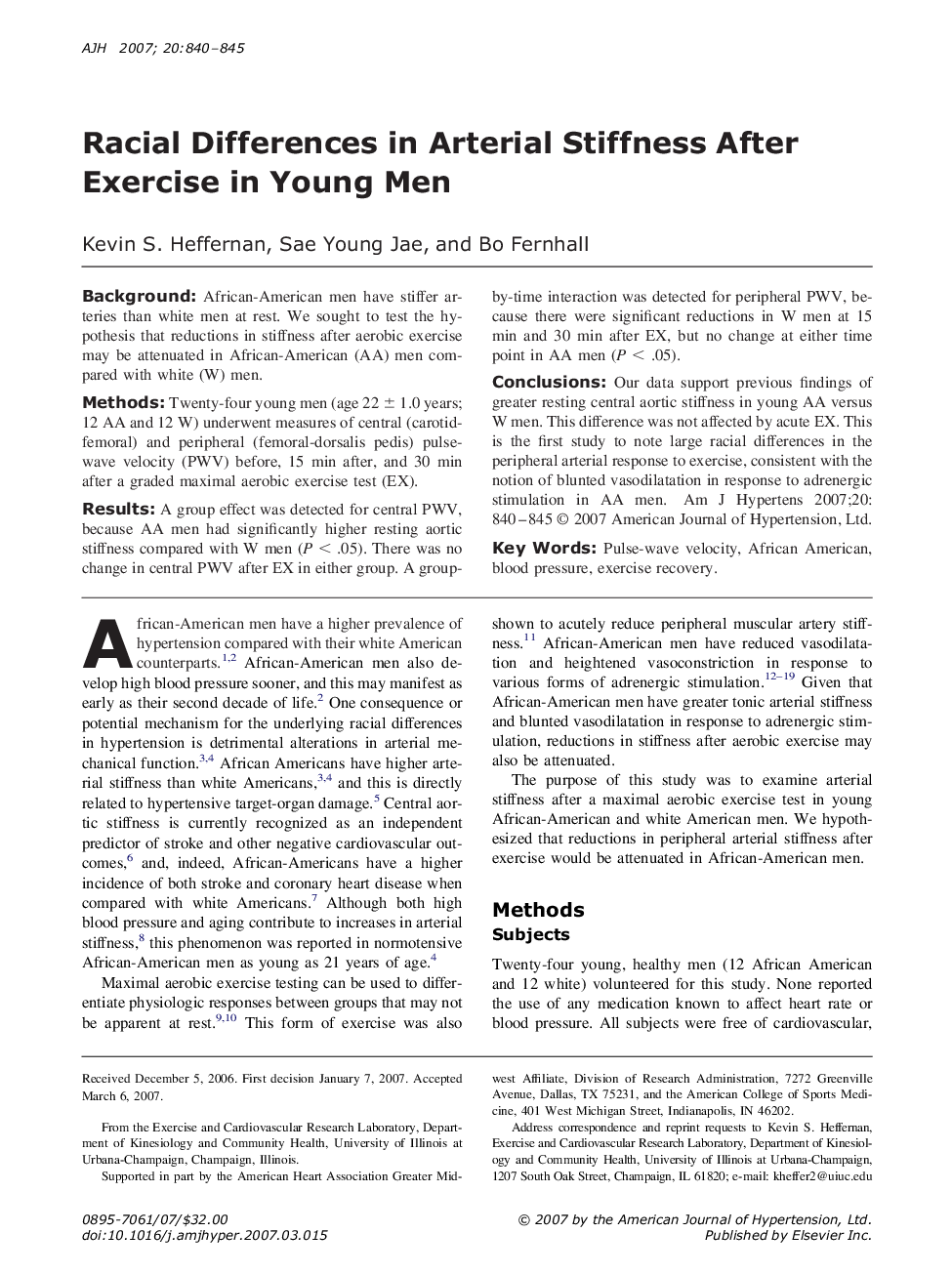 Racial Differences in Arterial Stiffness After Exercise in Young Men