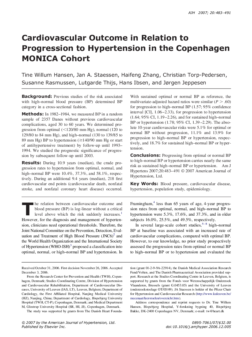 عکس صفحه اول مقاله: Cardiovascular Outcome in Relation to Progression to Hypertension in the Copenhagen MONICA Cohort Cardiovascular Outcome in Relation to Progression to Hypertension in the Copenhagen MONICA Cohort