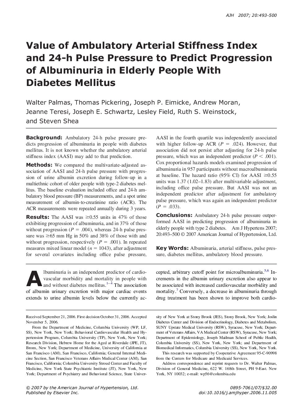 عکس صفحه اول مقاله: Value of Ambulatory Arterial Stiffness Index and 24-h Pulse Pressure to Predict Progression of Albuminuria in Elderly People With Diabetes Mellitus Value of Ambulatory Arterial Stiffness Index and 24-h Pulse Pressure to Predict Progression of Albuminuria in Elderly People With Diabetes Mellitus