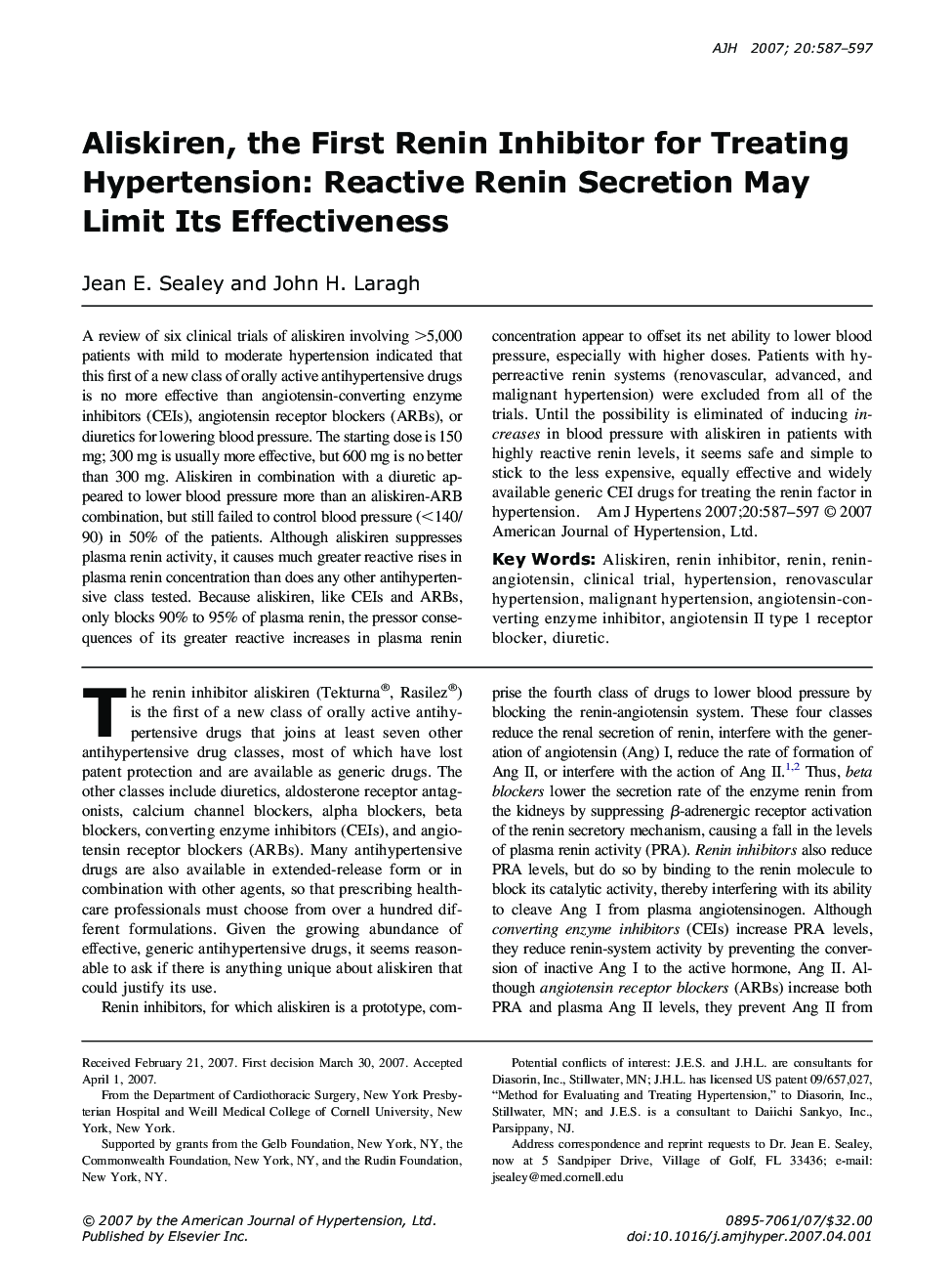 Aliskiren, the First Renin Inhibitor for Treating Hypertension: Reactive Renin Secretion May Limit Its Effectiveness