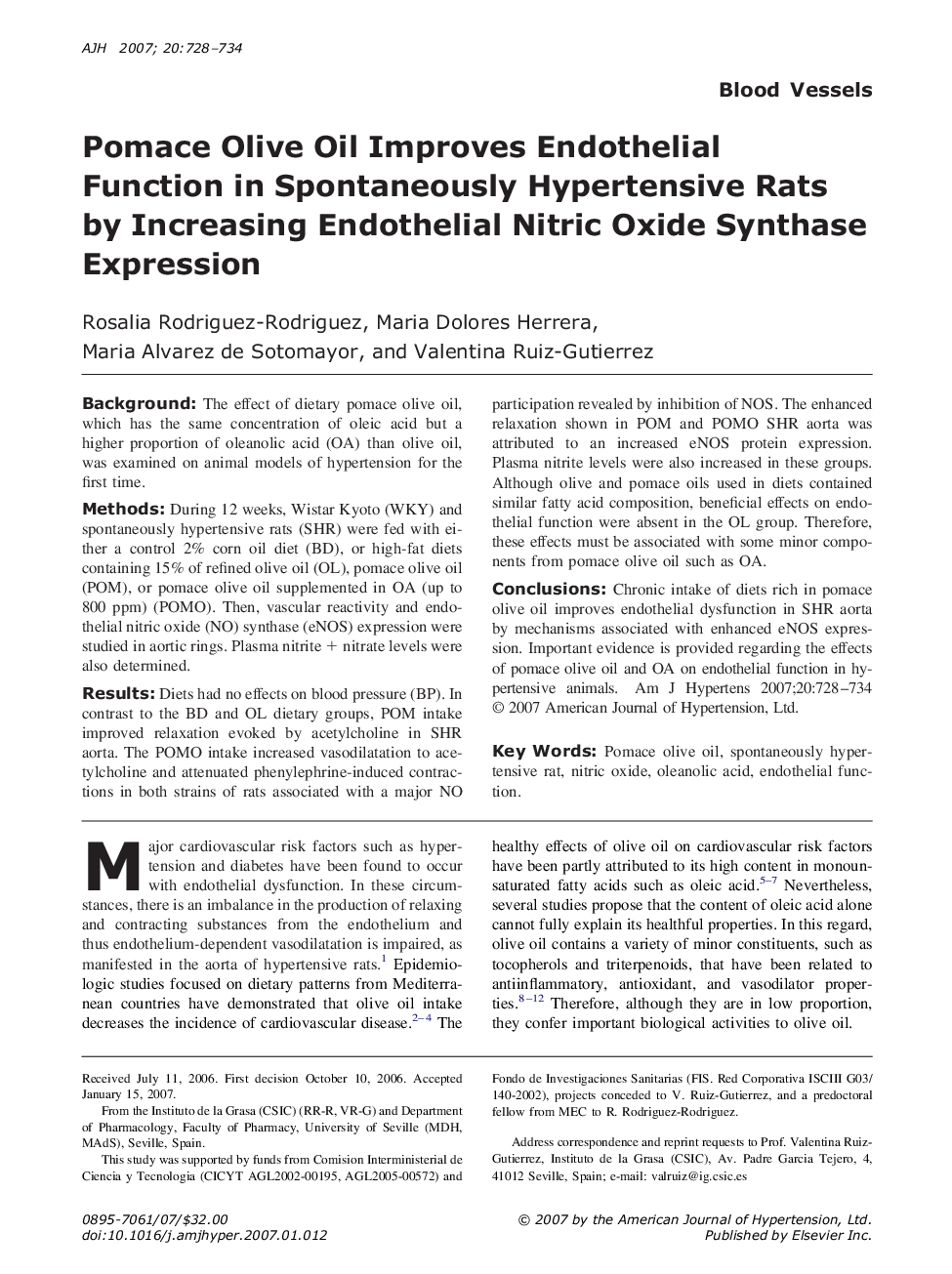 Pomace Olive Oil Improves Endothelial Function in Spontaneously Hypertensive Rats by Increasing Endothelial Nitric Oxide Synthase Expression