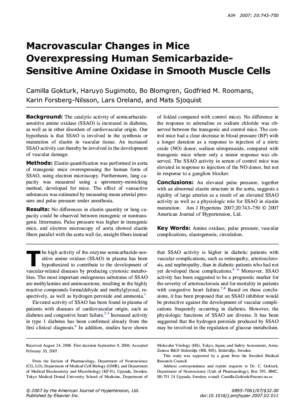 Macrovascular Changes in Mice Overexpressing Human Semicarbazide-Sensitive Amine Oxidase in Smooth Muscle Cells