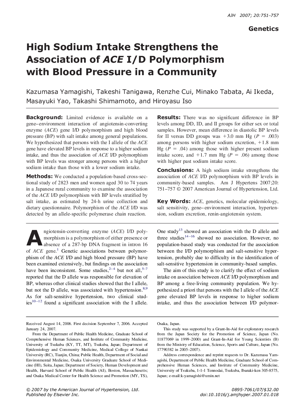 High Sodium Intake Strengthens the Association of ACE I/D Polymorphism with Blood Pressure in a Community