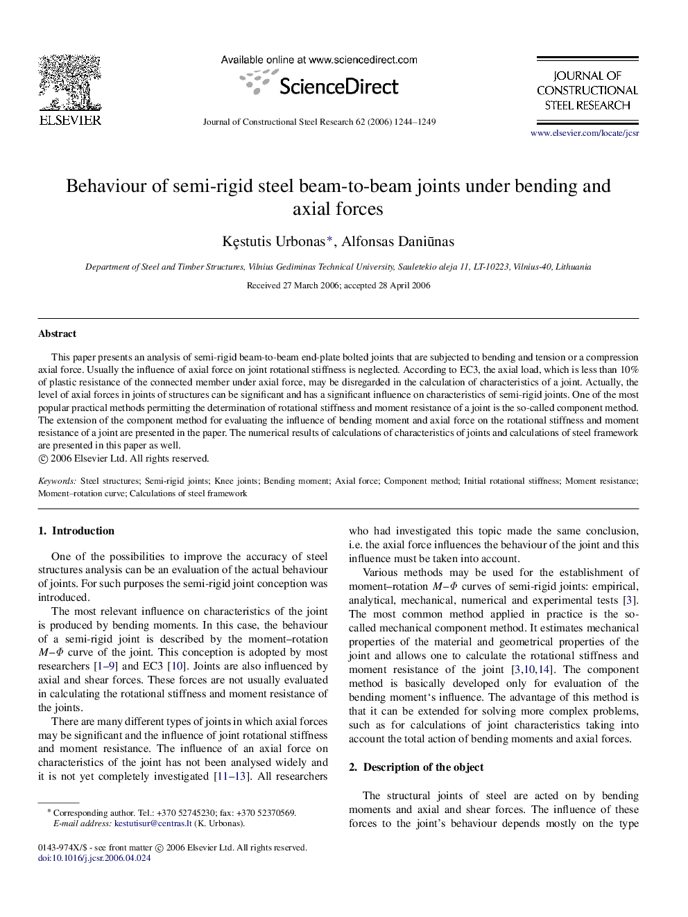 Behaviour of semi-rigid steel beam-to-beam joints under bending and axial forces