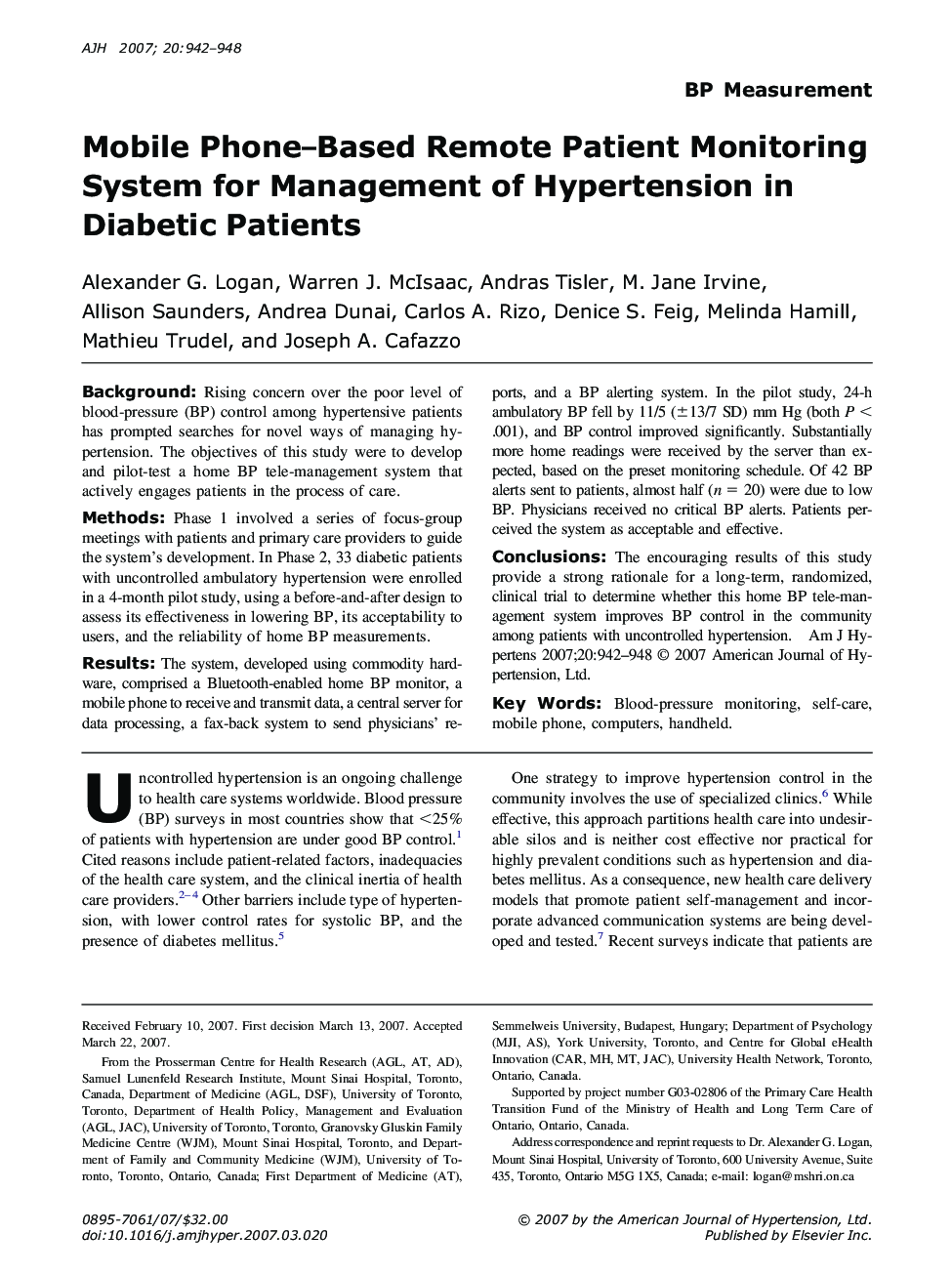 Mobile Phone-Based Remote Patient Monitoring System for Management of Hypertension in Diabetic Patients