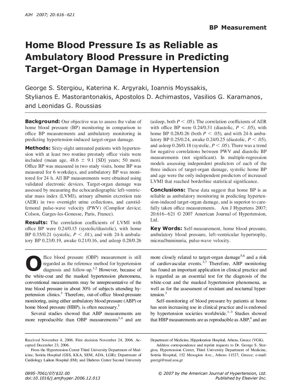 Home Blood Pressure Is as Reliable as Ambulatory Blood Pressure in Predicting Target-Organ Damage in Hypertension