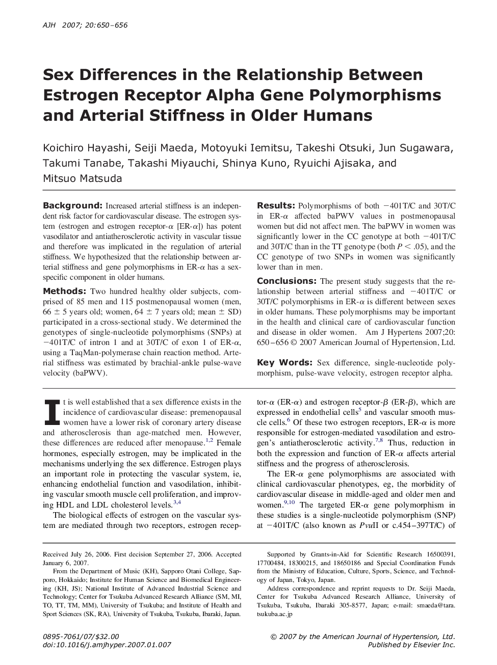 Sex Differences in the Relationship Between Estrogen Receptor Alpha Gene Polymorphisms and Arterial Stiffness in Older Humans