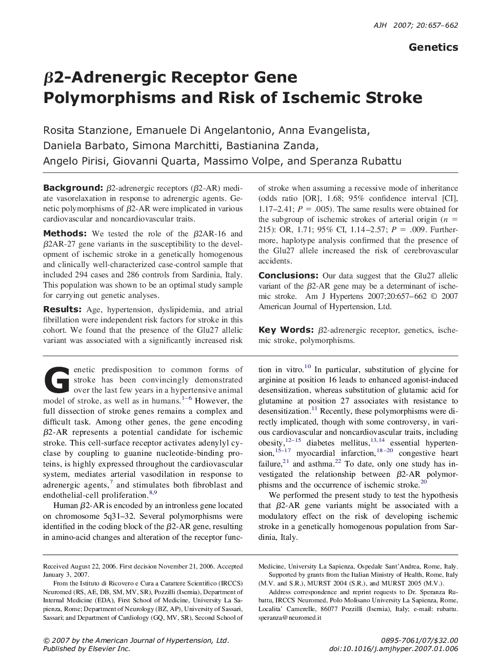 Î²2-Adrenergic Receptor Gene Polymorphisms and Risk of Ischemic Stroke