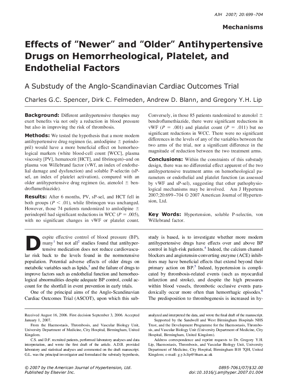 Effects of “Newer” and “Older” Antihypertensive Drugs on Hemorrheological, Platelet, and Endothelial Factors