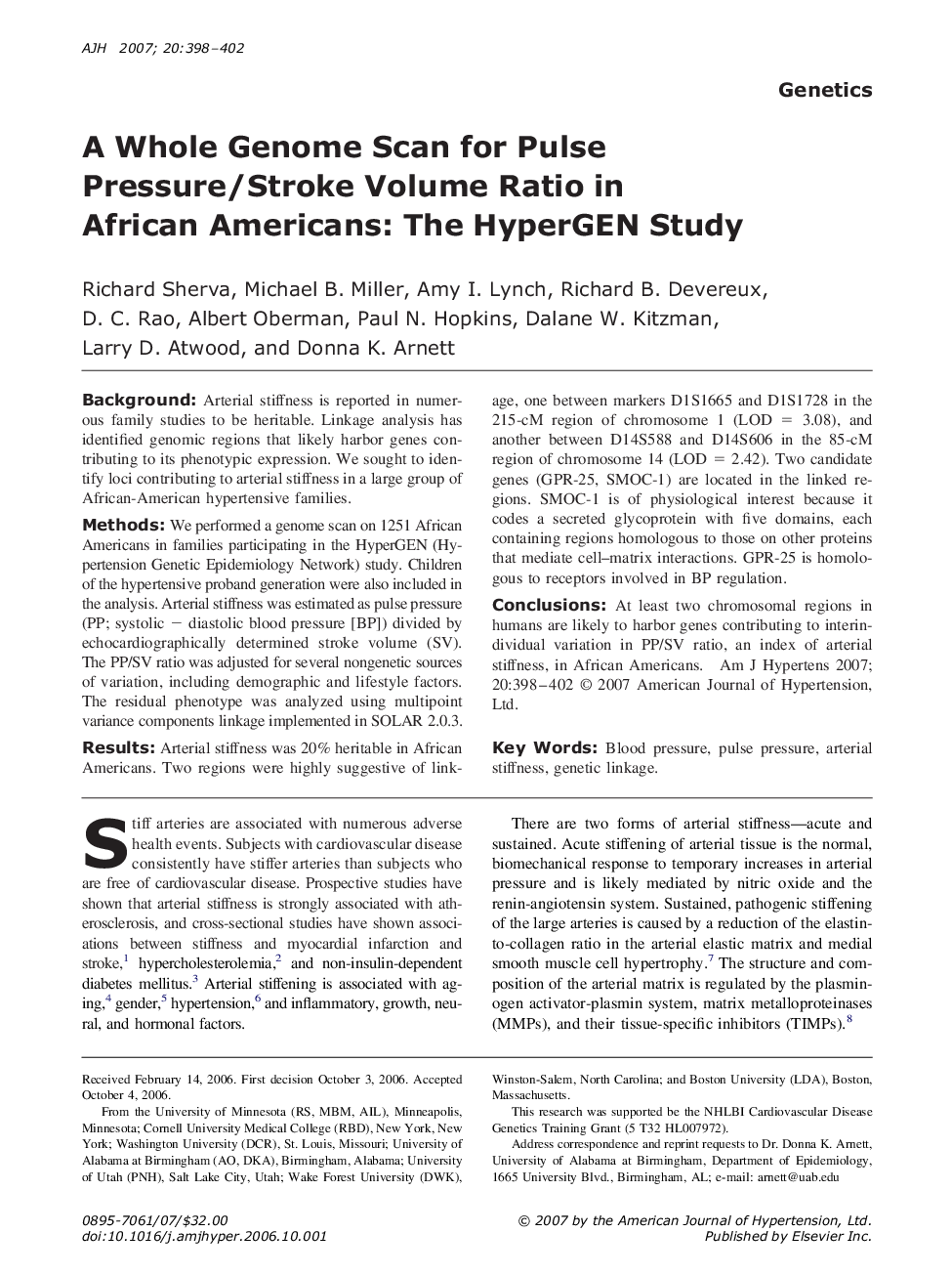 A Whole Genome Scan for Pulse Pressure/Stroke Volume Ratio in African Americans: The HyperGEN Study