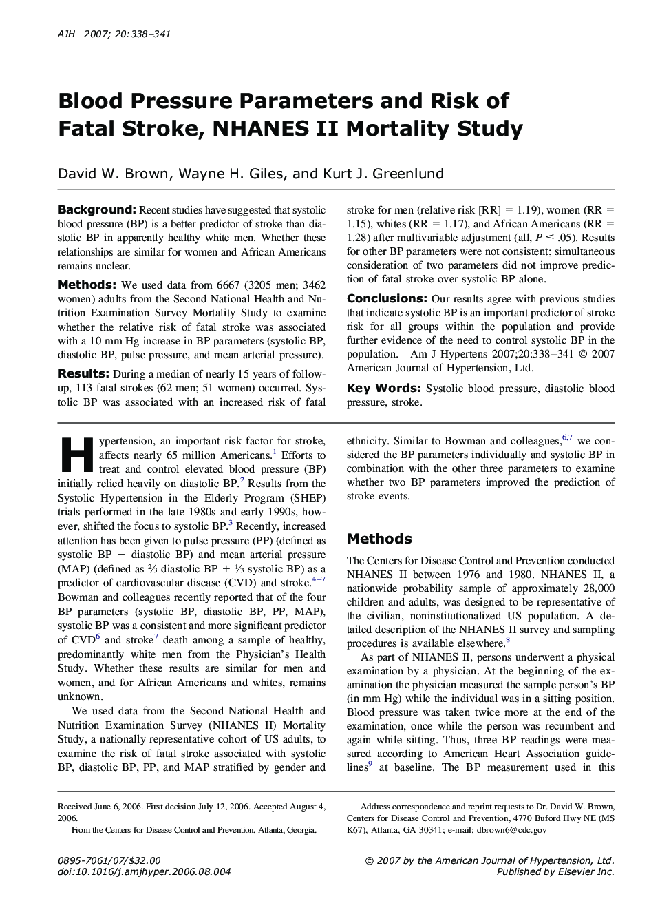 عکس صفحه اول مقاله: Blood Pressure Parameters and Risk of Fatal Stroke, NHANES II Mortality Study Blood Pressure Parameters and Risk of Fatal Stroke, NHANES II Mortality Study