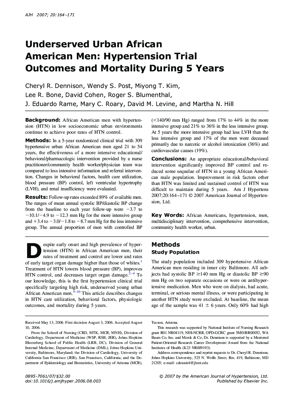 Underserved Urban African American Men: Hypertension Trial Outcomes and Mortality During 5 Years