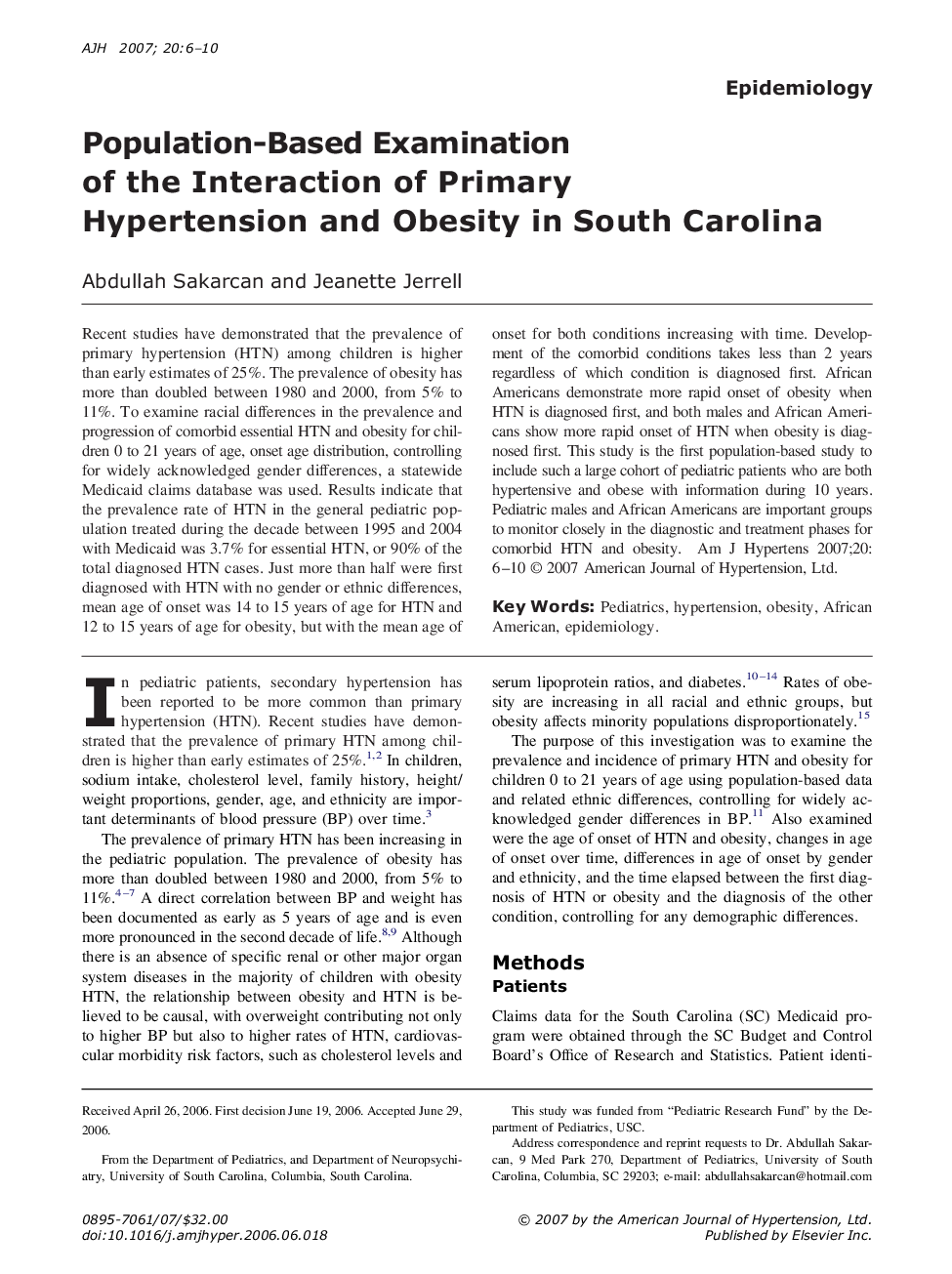 عکس صفحه اول مقاله: Population-Based Examination of the Interaction of Primary Hypertension and Obesity in South Carolina Population-Based Examination of the Interaction of Primary Hypertension and Obesity in South Carolina