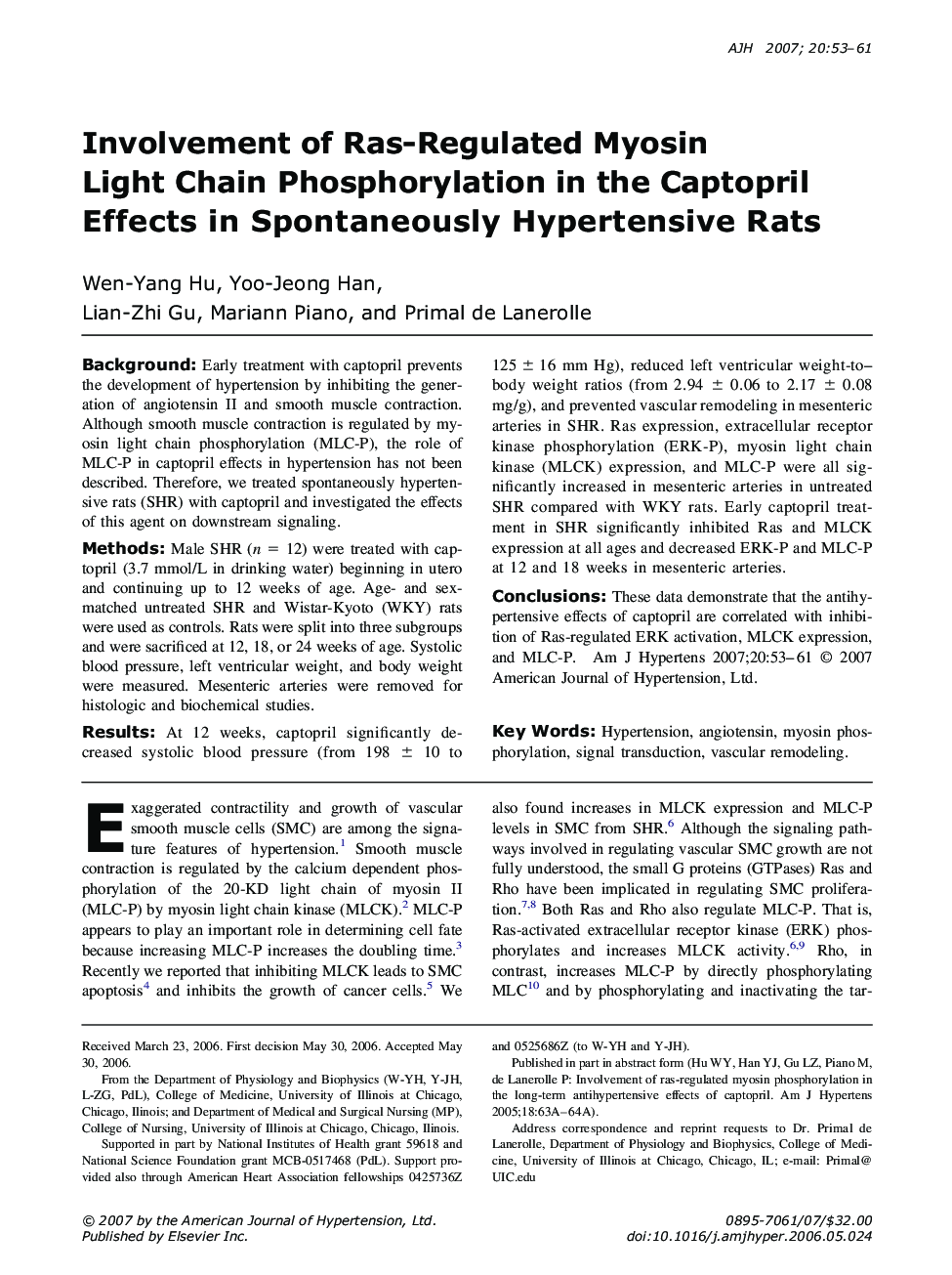 Involvement of Ras-Regulated Myosin Light Chain Phosphorylation in the Captopril Effects in Spontaneously Hypertensive Rats