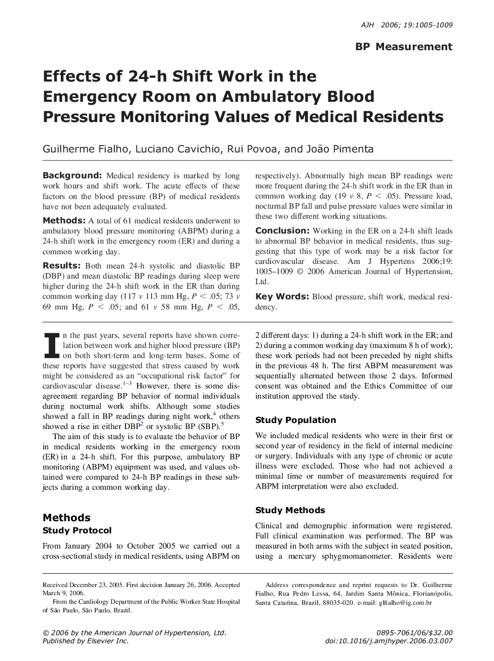 Effects of 24-h Shift Work in the Emergency Room on Ambulatory Blood Pressure Monitoring Values of Medical Residents