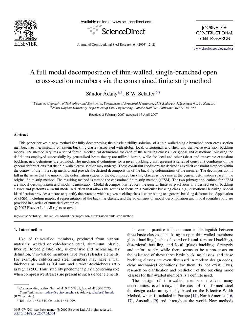 A full modal decomposition of thin-walled, single-branched open cross-section members via the constrained finite strip method