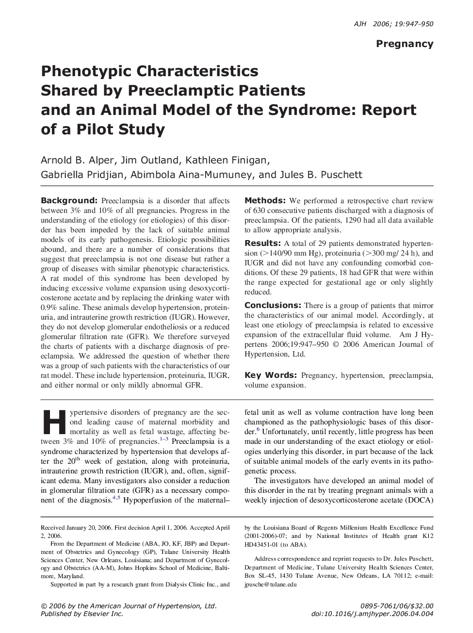 Phenotypic Characteristics Shared by Preeclamptic Patients and an Animal Model of the Syndrome: Report of a Pilot Study