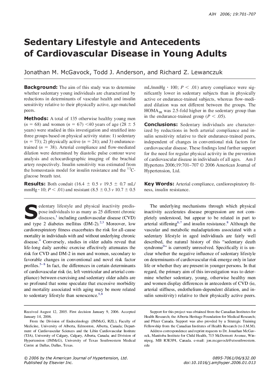 Sedentary Lifestyle and Antecedents of Cardiovascular Disease in Young Adults