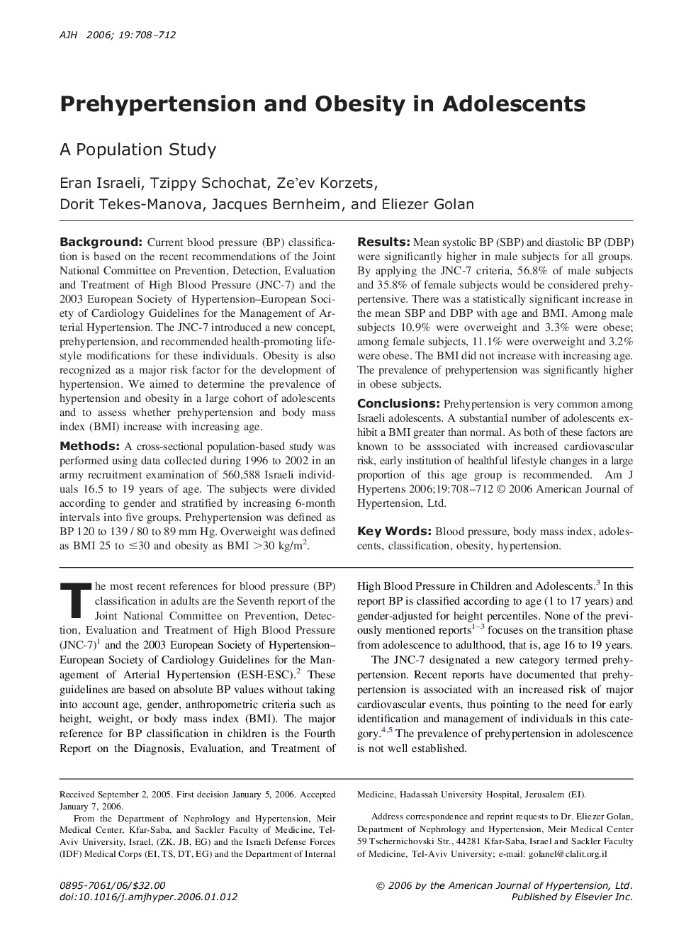 عکس صفحه اول مقاله: Prehypertension and Obesity in Adolescents Prehypertension and Obesity in Adolescents