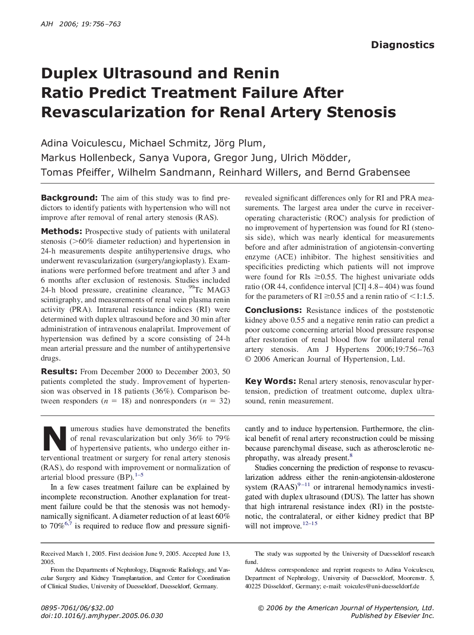 Duplex Ultrasound and Renin Ratio Predict Treatment Failure After Revascularization for Renal Artery Stenosis