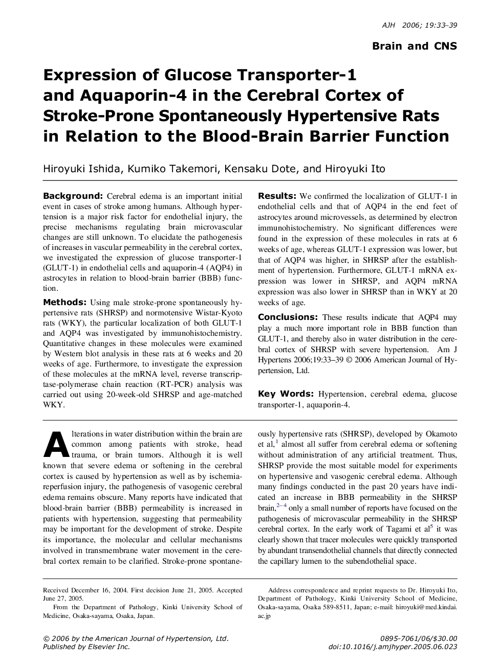 Expression of Glucose Transporter-1 and Aquaporin-4 in the Cerebral Cortex of Stroke-Prone Spontaneously Hypertensive Rats in Relation to the Blood-Brain Barrier Function