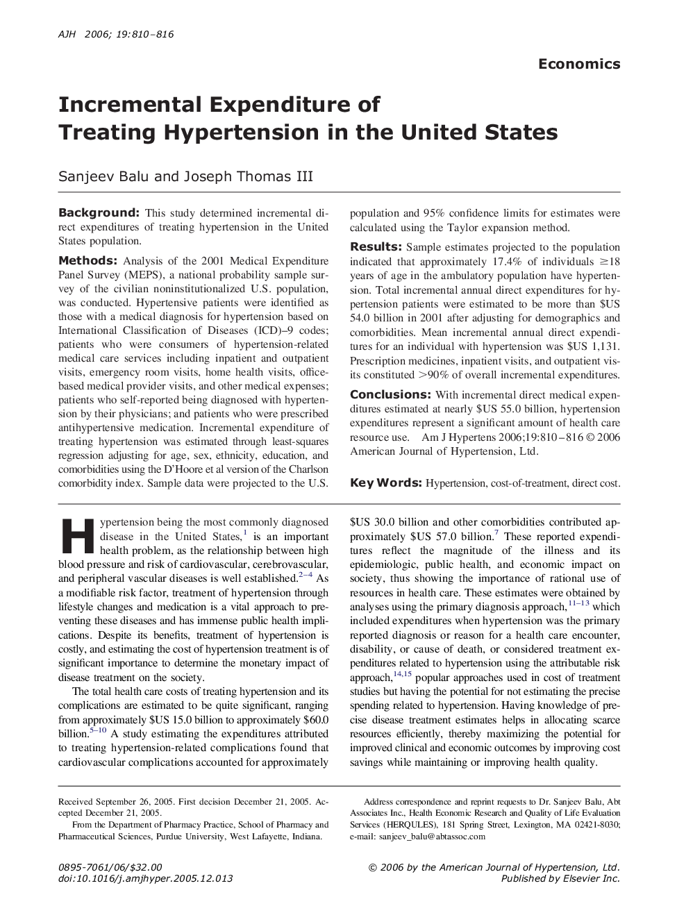 Incremental Expenditure of Treating Hypertension in the United States