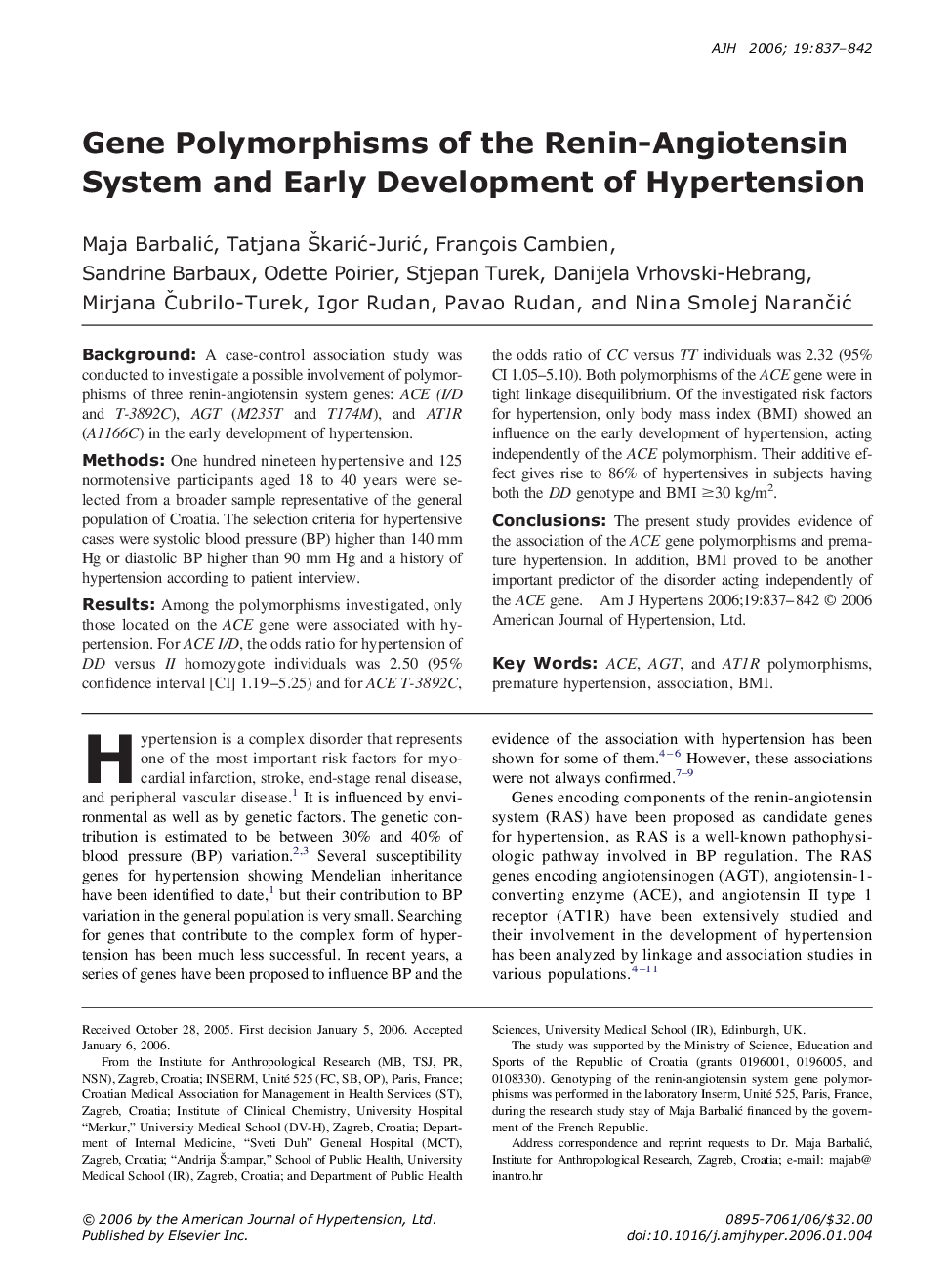 Gene Polymorphisms of the Renin-Angiotensin System and Early Development of Hypertension