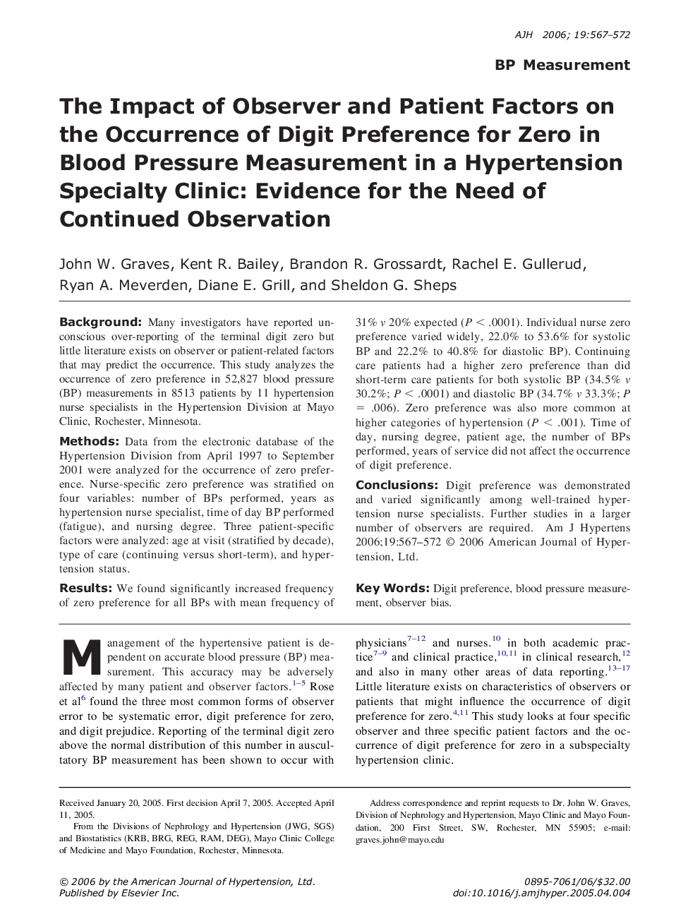 The Impact of Observer and Patient Factors on the Occurrence of Digit Preference for Zero in Blood Pressure Measurement in a Hypertension Specialty Clinic: Evidence for the Need of Continued Observation