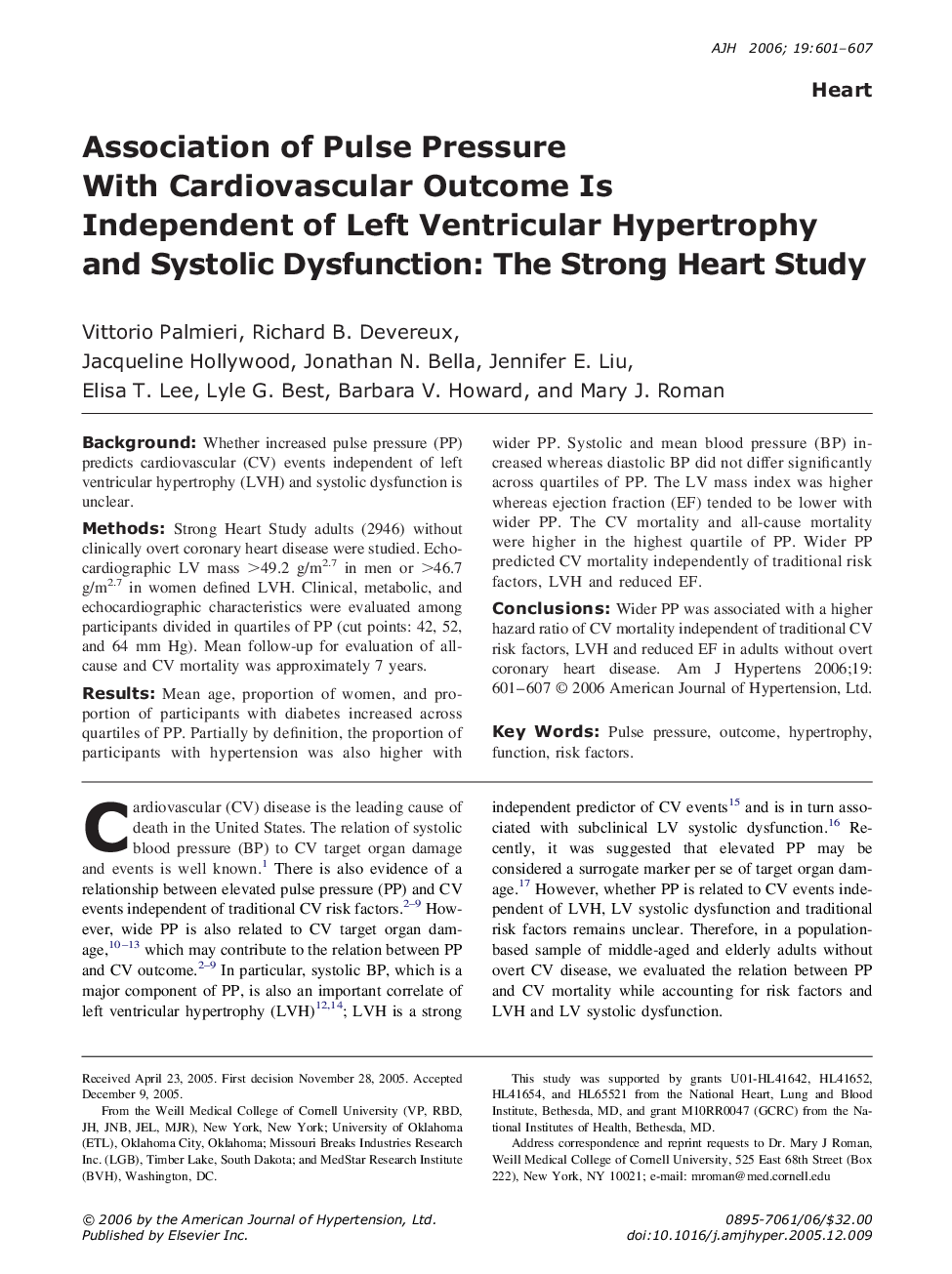 Association of Pulse Pressure With Cardiovascular Outcome Is Independent of Left Ventricular Hypertrophy and Systolic Dysfunction: The Strong Heart Study