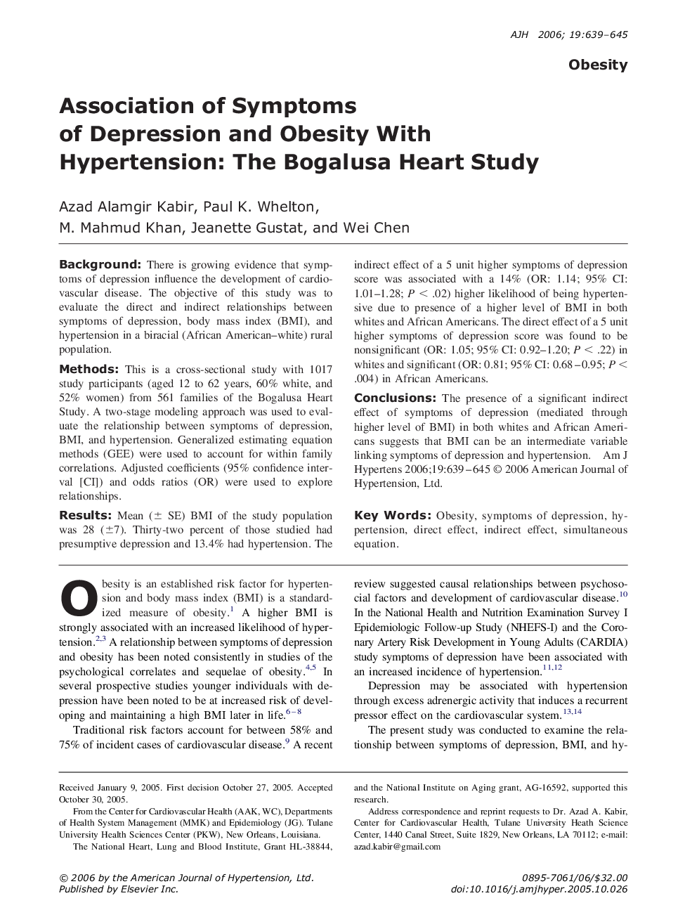 Association of Symptoms of Depression and Obesity With Hypertension: The Bogalusa Heart Study