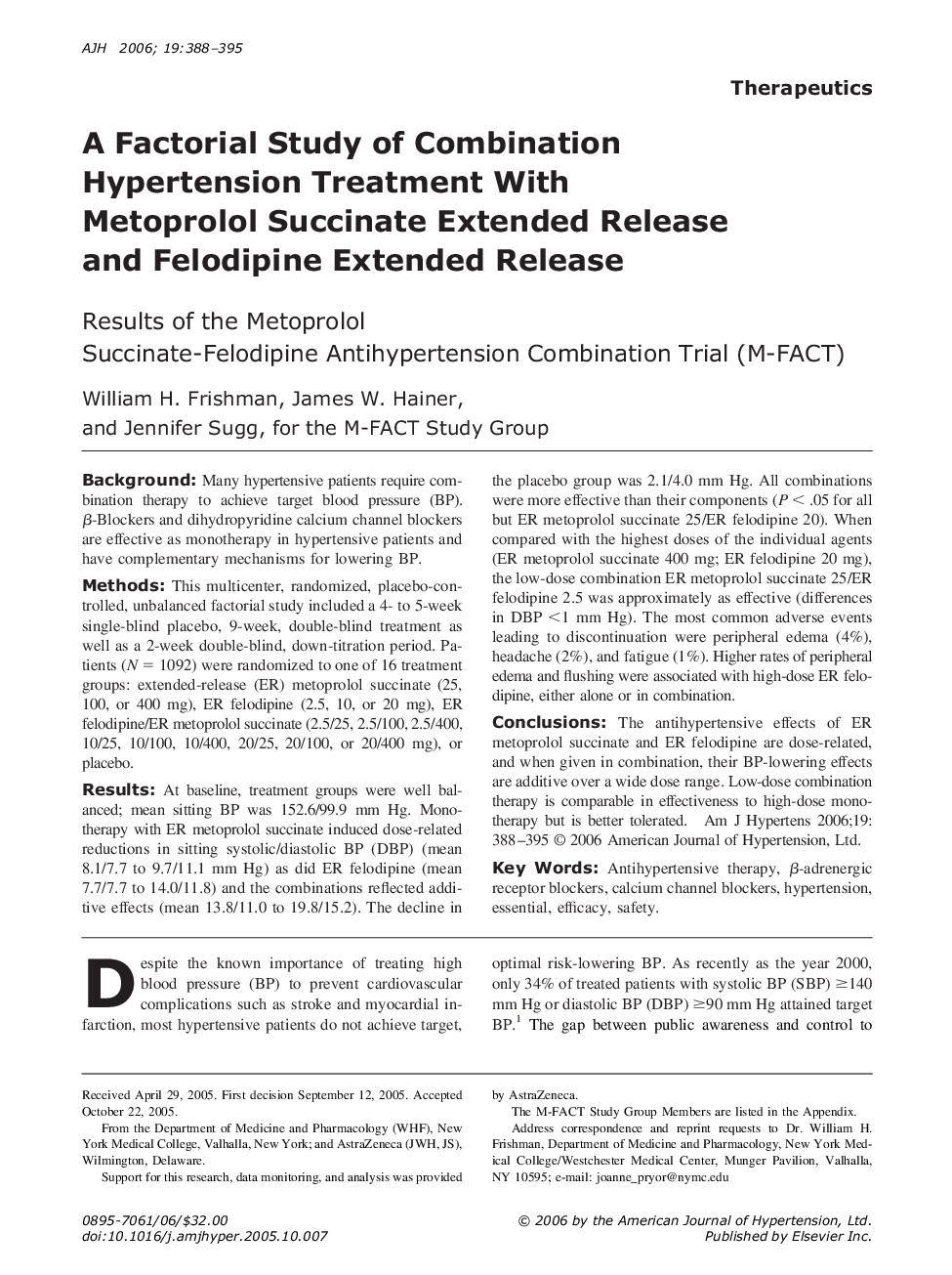 A Factorial Study of Combination Hypertension Treatment With Metoprolol Succinate Extended Release and Felodipine Extended Release