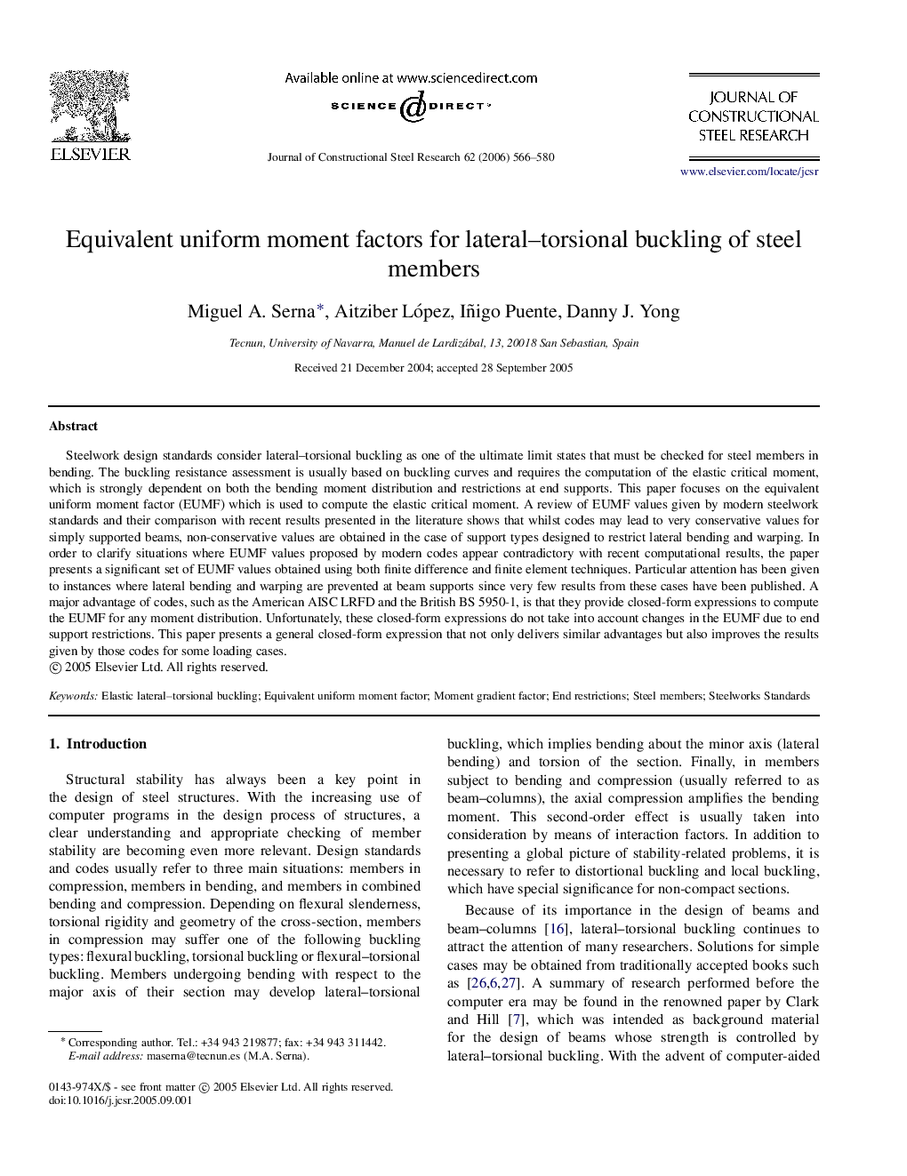 Equivalent uniform moment factors for lateral–torsional buckling of steel members